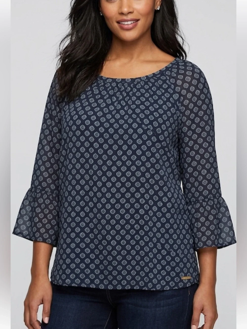 Michael Kors Blue and White 3/4 Sleeve Blouse flutter sleeve size M